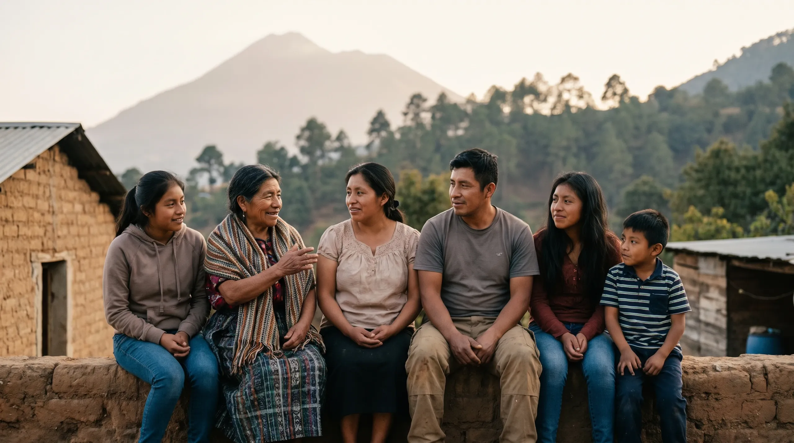 Una familia guatemalteca de tres generaciones conversa sentada frente a su casa, con un volcán al fondo. Imagen generada con inteligencia artificial.